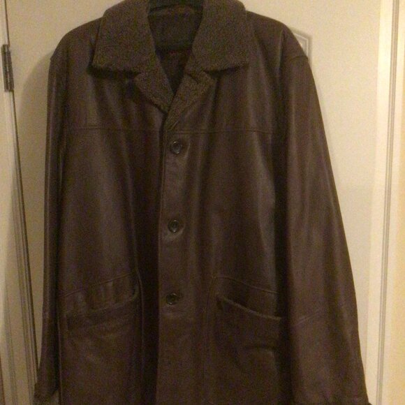 Men's Brown Leather Jacket Sherpa Colour and Trim Cart Coat Length 2XL - Picture 1 of 8
